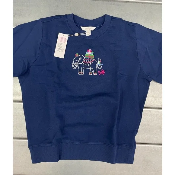 Lilly Pulitzer Ballad Crewneck Sweatshirt Womens XS Navy Elephant Embroidery - Picture 2 of 11